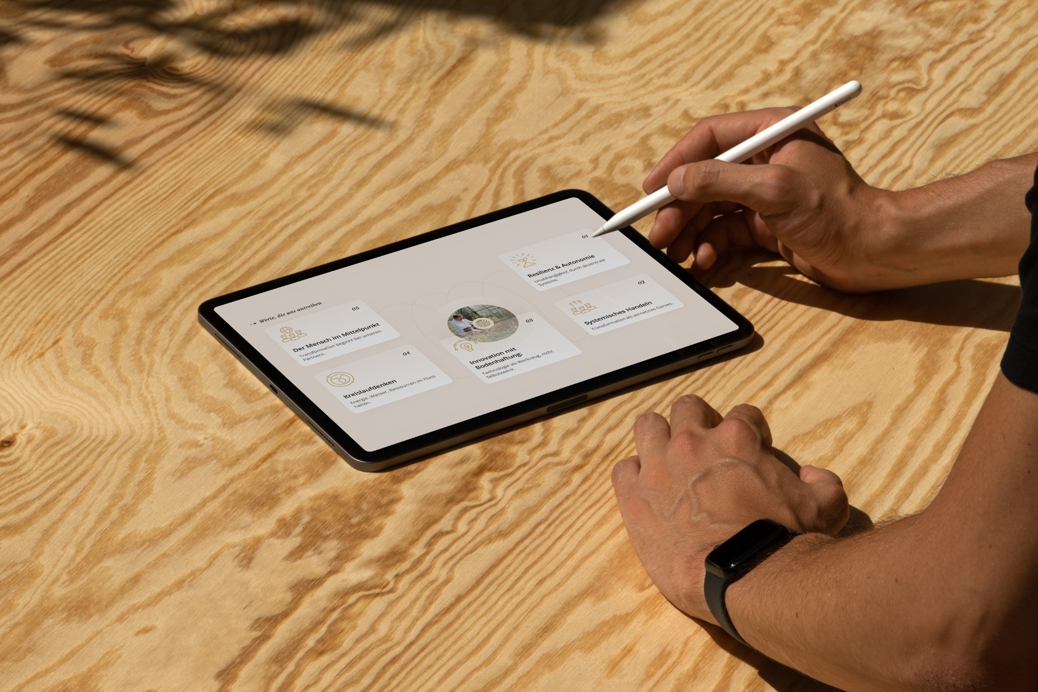 Hände mit Stift an einem Tablet mit der S&G-Group-Website