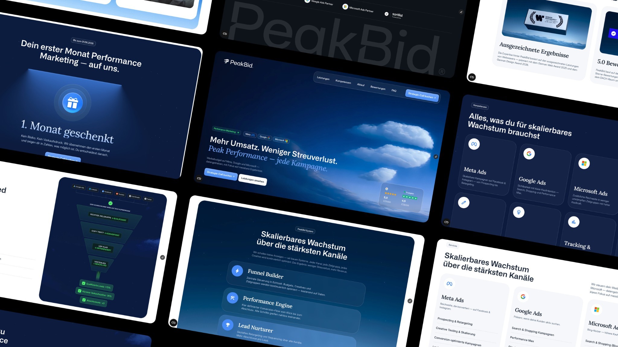 Übersicht der PeakBid-Website-Screens