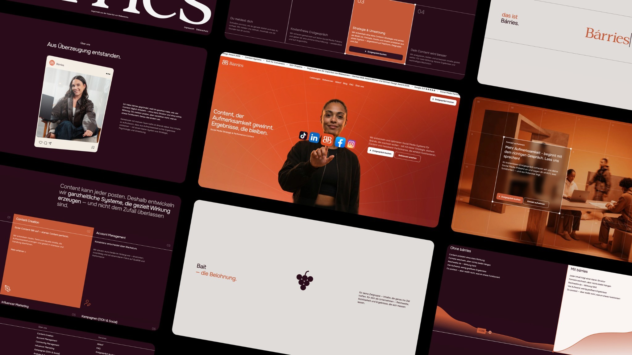 Bárries-Website-Screens in Bordeaux und Orange