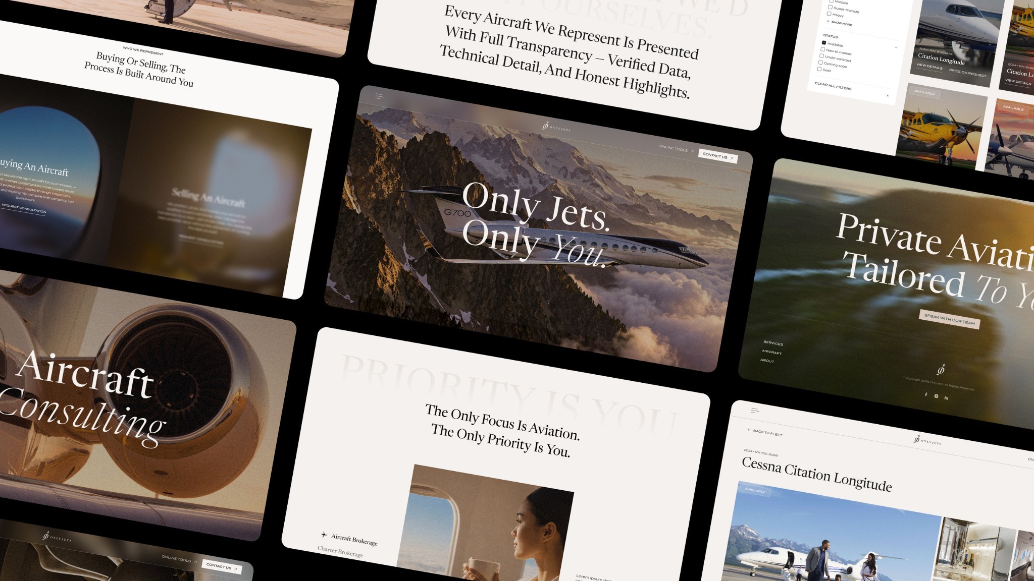 Collage der OnlyJets-Website-Seiten für Private Aviation