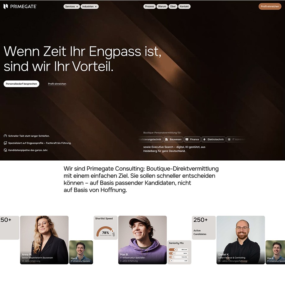 Startseite der Primegate-Website mit Team-Porträts
