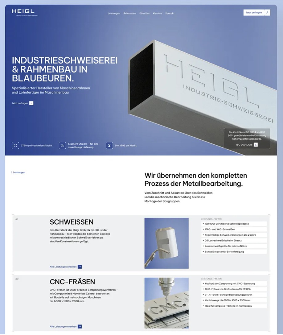 Seitenansicht der Heigl-Website mit Leistungen zu Schweißen und CNC-Fräsen