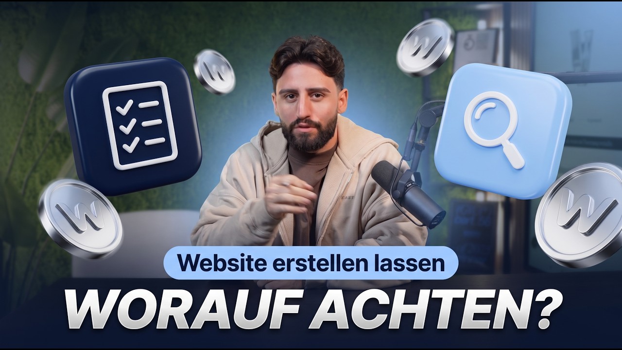 YouTube-Thumbnail mit Sprecher am Mikrofon: „Website erstellen lassen: Worauf achten?“