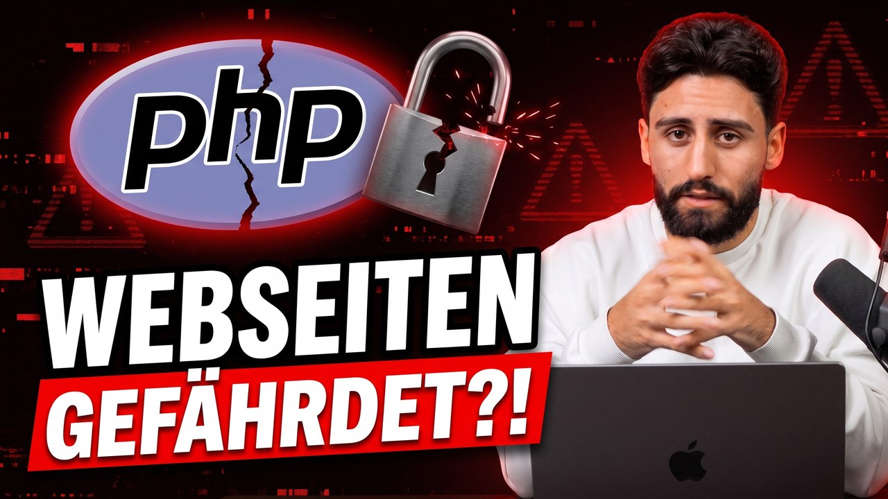 YouTube thumbnail: PHP logo with a broken padlock and the question "Websites at risk?!" about the PHP2Shell vulnerability