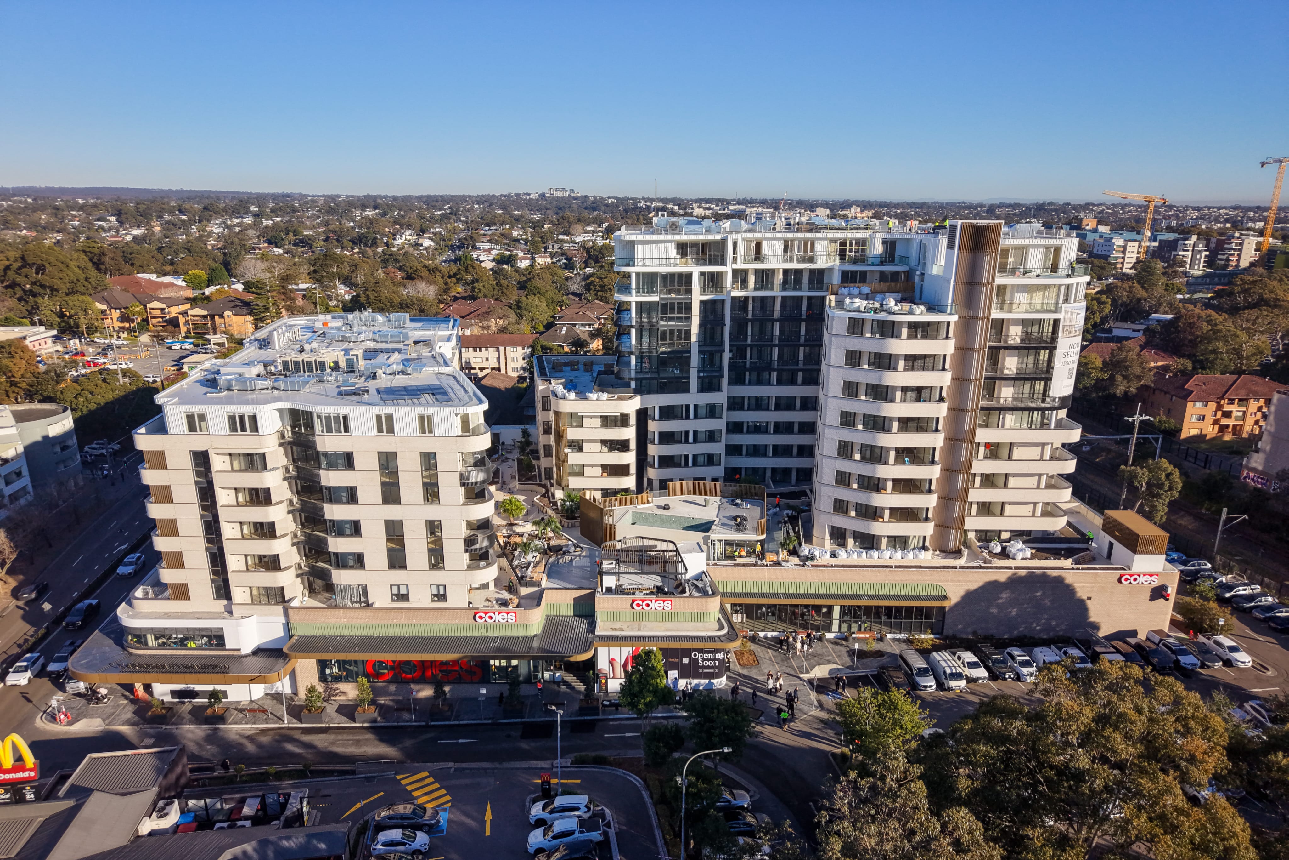 Aerial view of Caringbah Pavilion and the new Coles on opening morning