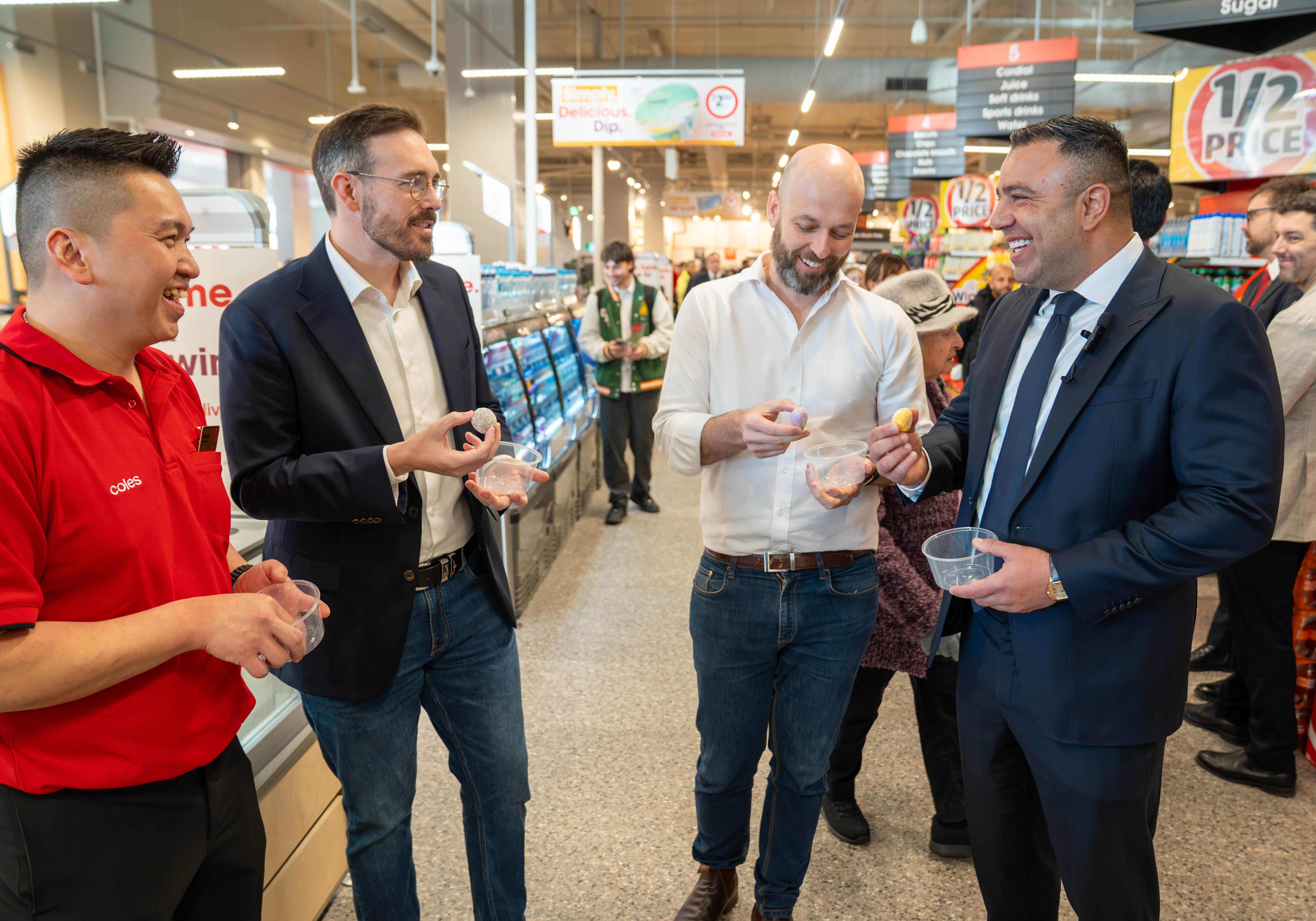 Coles Store Manager Sandy with Mayor Jack Boyd, Michael Akkawi and Simon Kennedy MP at the Coles Caringbah opening