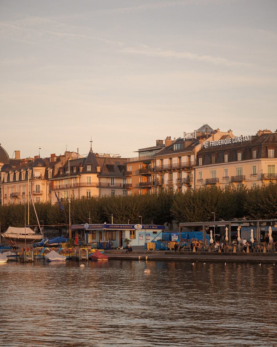 Lake Geneva waterfront at sunset