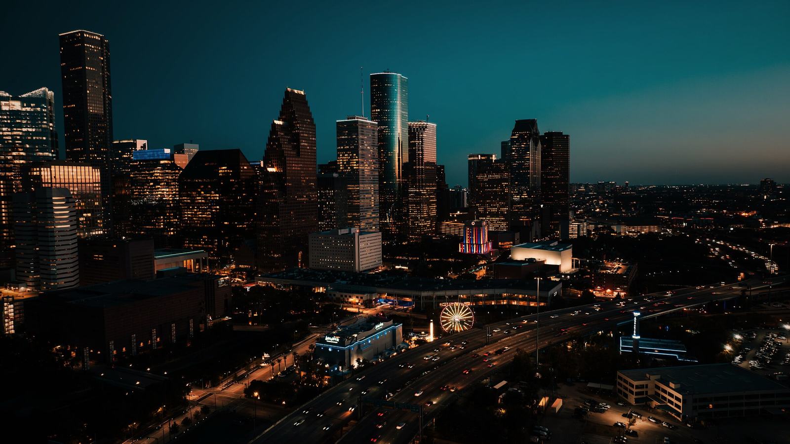 Aerial of the downtown Houston skyline at blue hour
