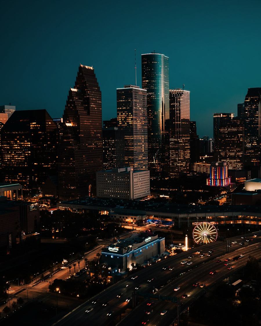 Aerial of the downtown Houston skyline at blue hour