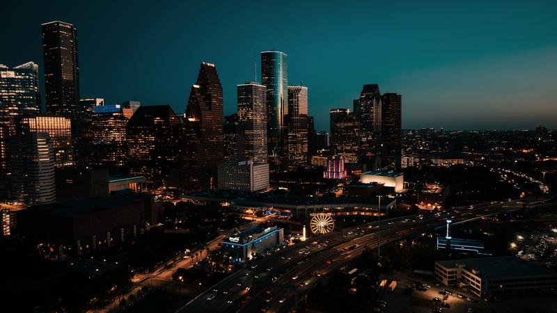 Aerial of the downtown Houston skyline at blue hour