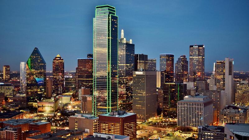 Downtown Dallas skyline at blue hour