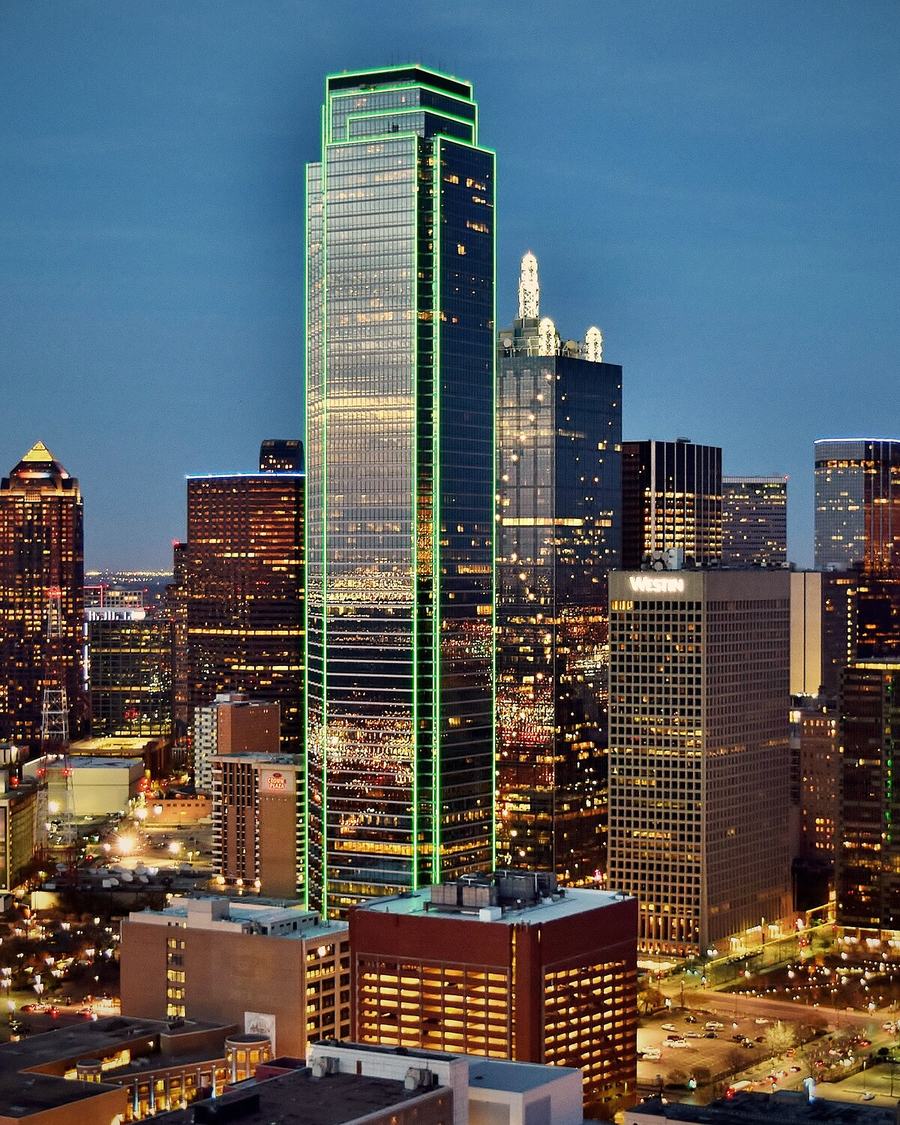 Downtown Dallas skyline at blue hour