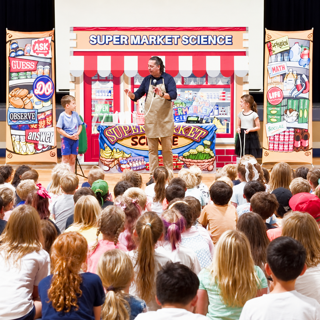 Student volunteers joining a SuperMarket Science demonstration