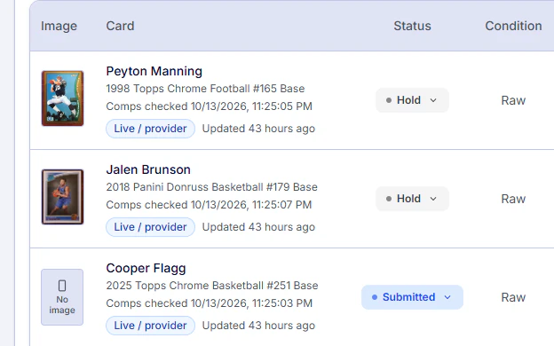 Portfolio entries for three cards, showing each photo or placeholder, name, hold or submitted status, and raw condition.