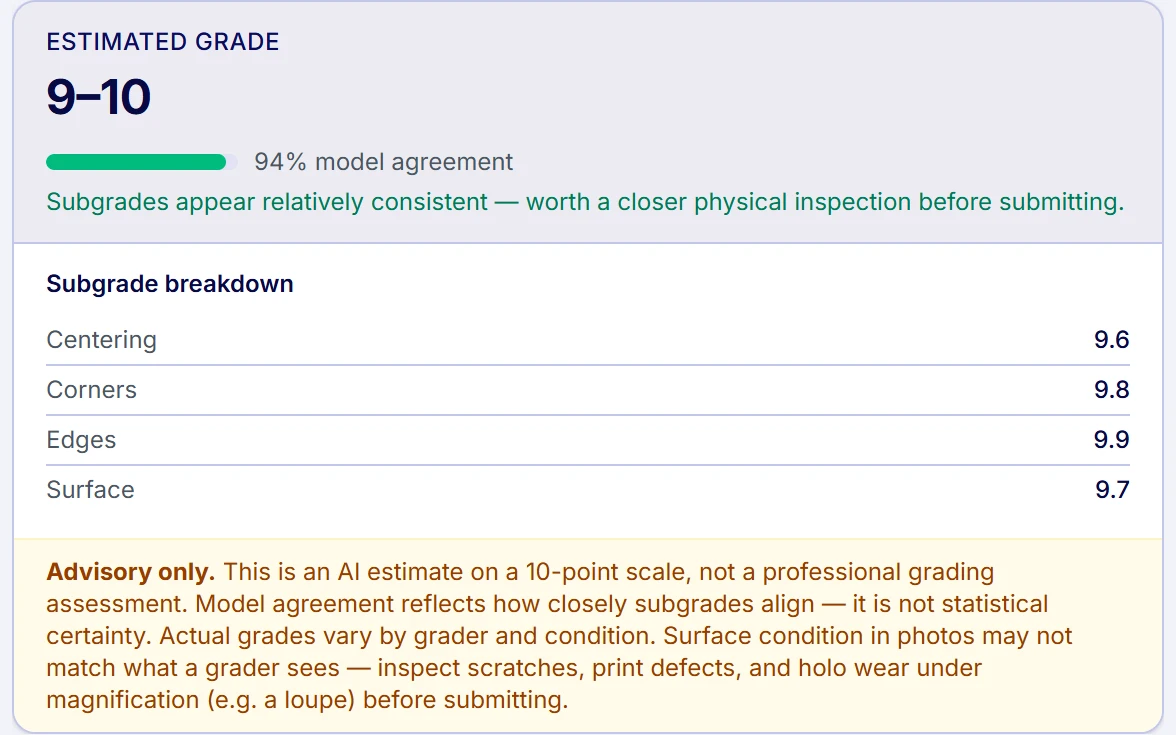 Advisory grading risk result with an estimated grade range, model agreement, and subgrade breakdown for centering, corners, edges, and surface.