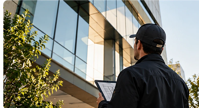 Property manager inspecting a modern commercial building in Metro Vancouver