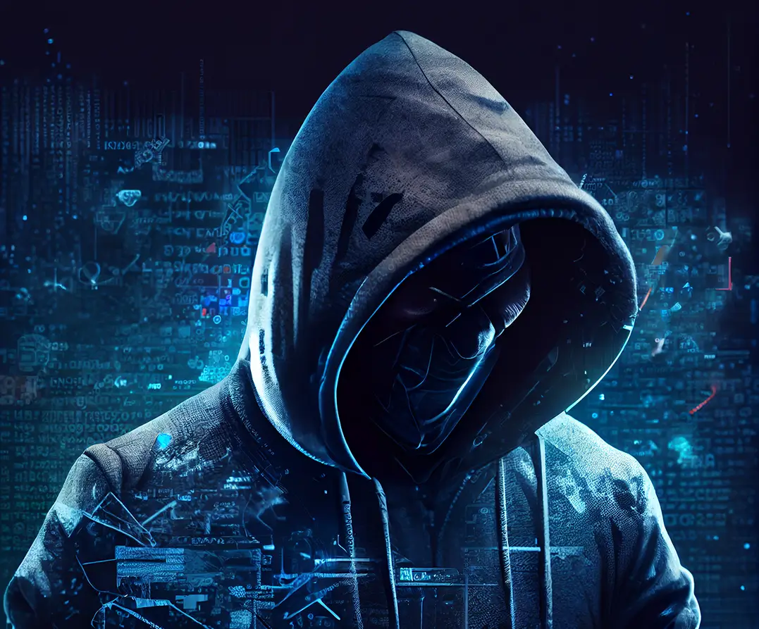 Person wearing a hooded sweatshirt and a dark, futuristic mask obscuring their face, surrounded by digital code and blue-toned technology effects, suggesting hacking or cyber activity.