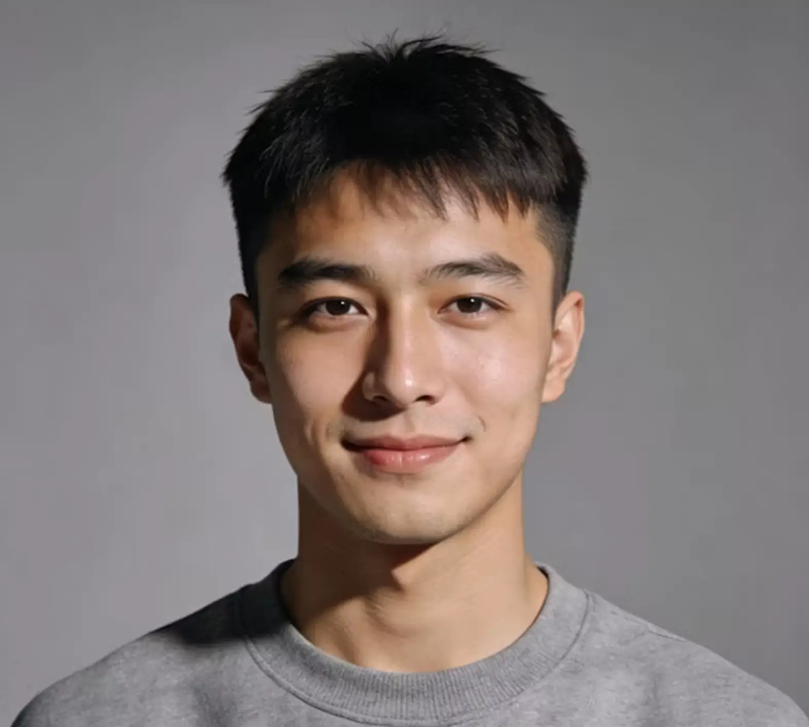 Portrait of a young Asian man with short black hair, wearing a gray crewneck sweatshirt, smiling slightly against a plain gray background.