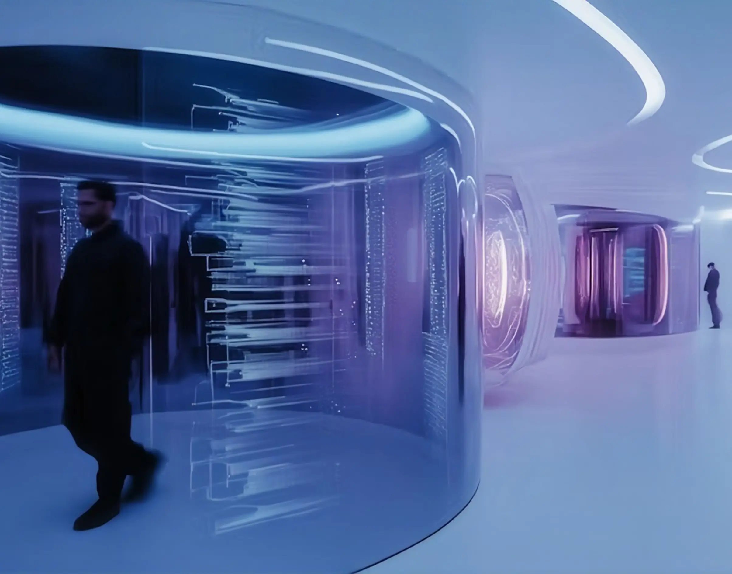 Modern futuristic hallway with curved, transparent cylindrical walls illuminated in blue and purple light, featuring two men standing inside and walking.