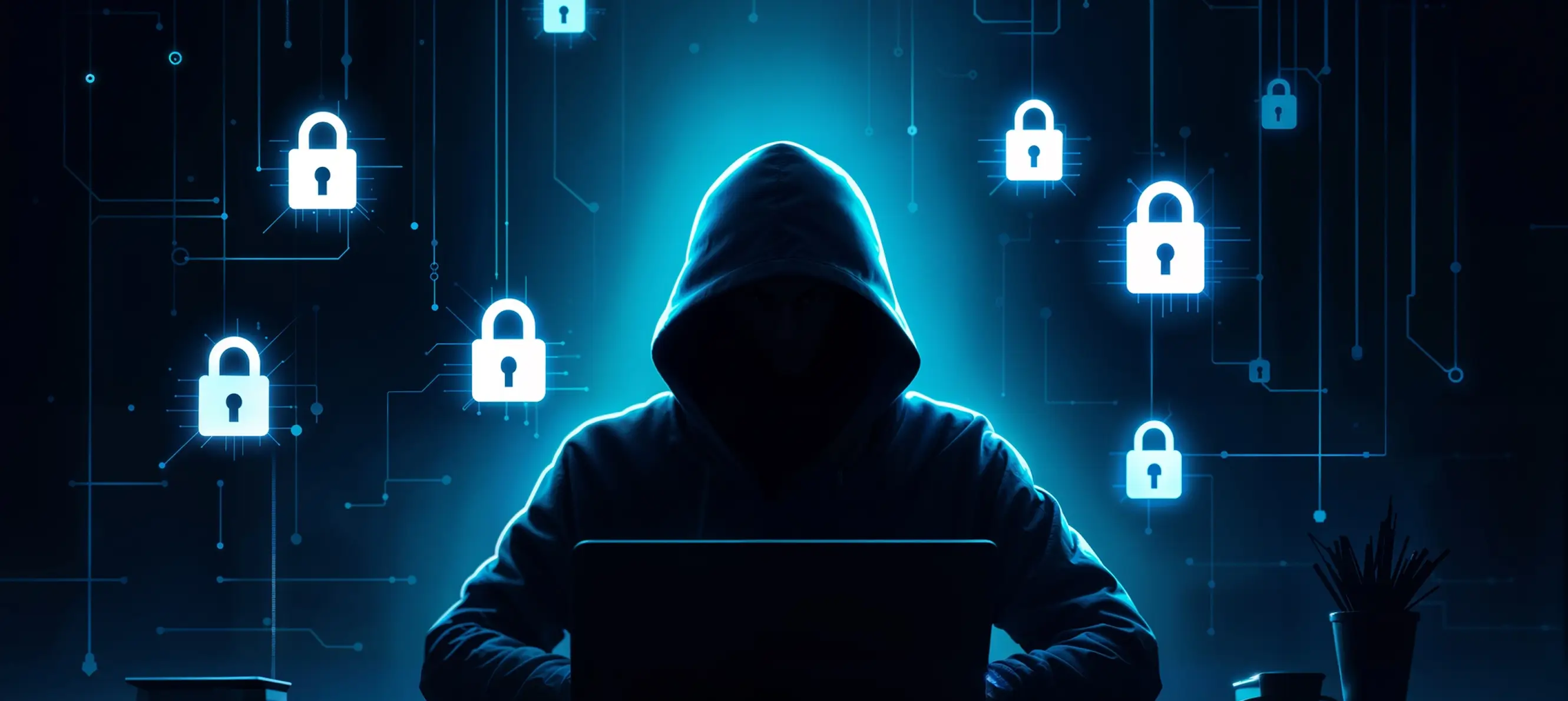 Silhouetted figure wearing a hooded sweatshirt sitting behind a laptop, surrounded by glowing padlock icons on a dark digital background representing cybersecurity or hacking.