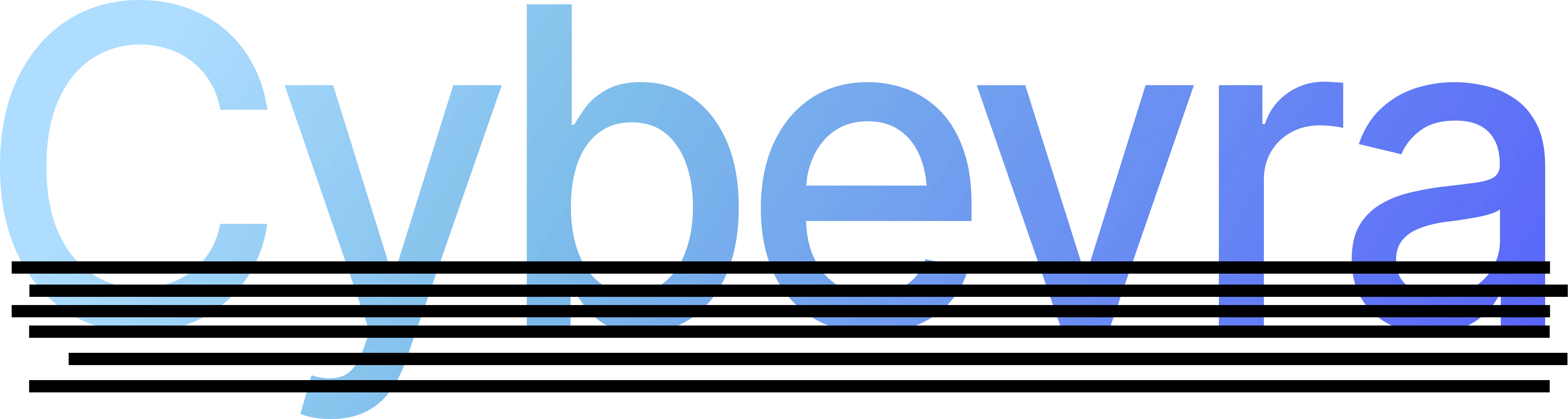 The word 'Cybe vra' written in a gradient blue font with five black horizontal lines crossing the lower middle section of the text.