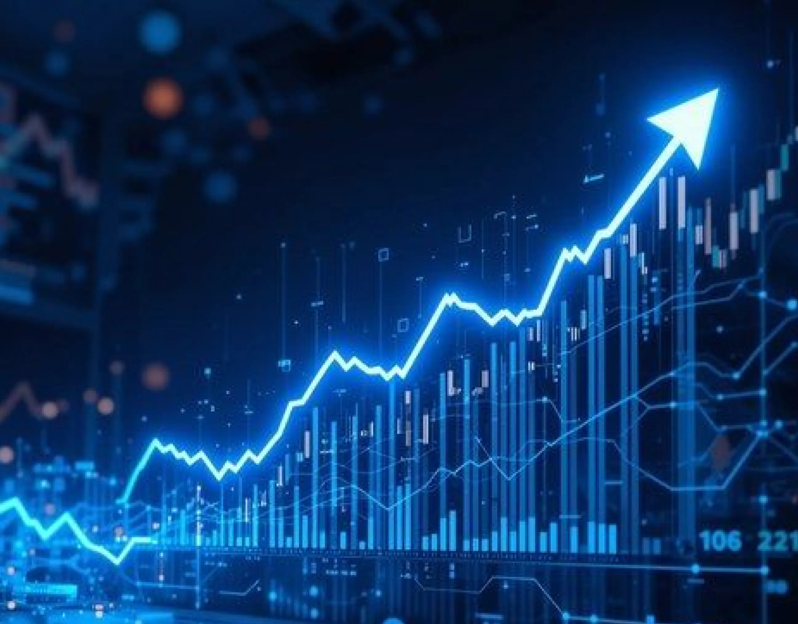 Glowing blue stock chart with a rising arrow, showing steady growth in security and compliance performance.