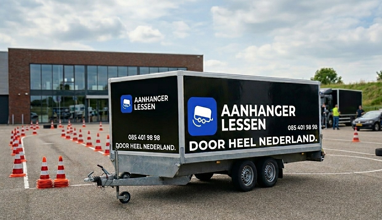 Lesaanhanger van Aanhangerlessen op een oefenterrein met pionnen