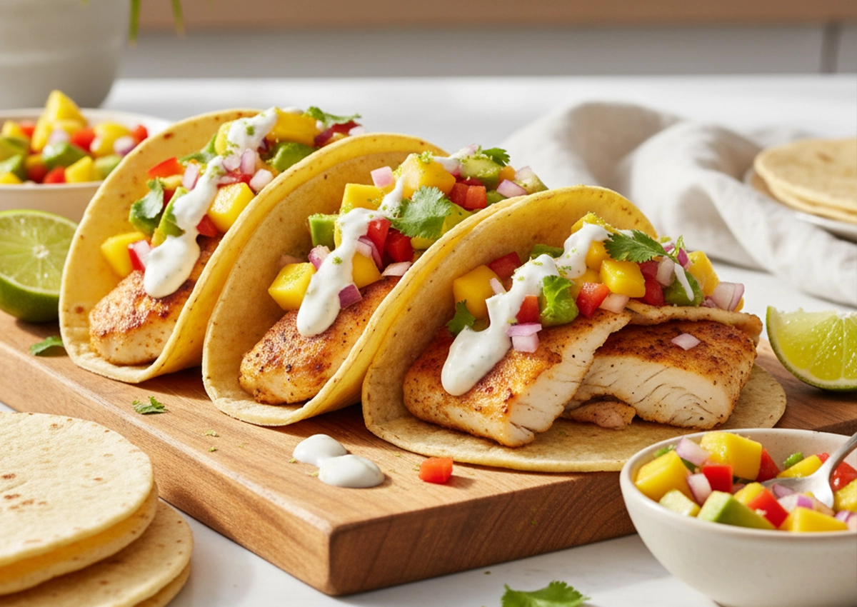Three grilled fish tacos topped with mango salsa, cilantro, and creamy sauce on a wooden serving board.