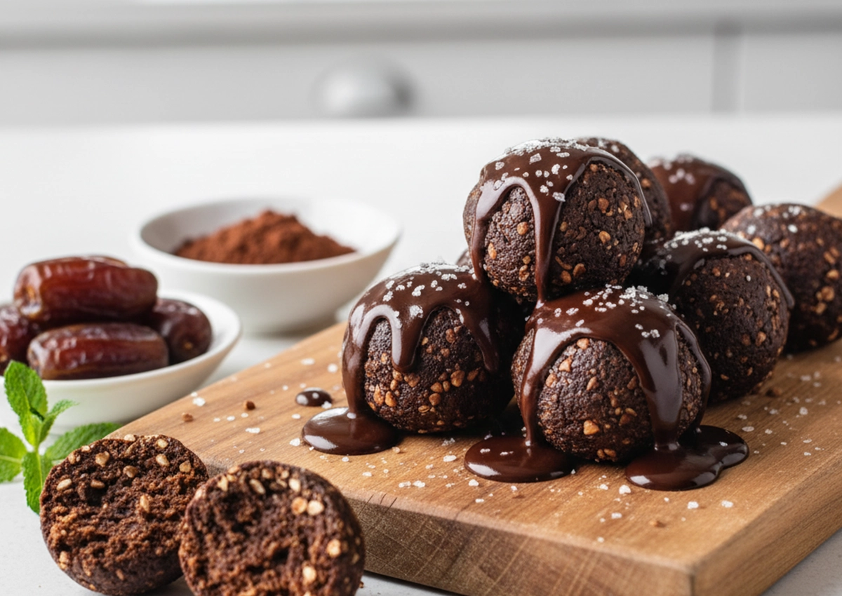 Chocolate brownie balls with chocolate drizzle and sea salt on a wooden board with dates and cocoa powder in bowls in the background.