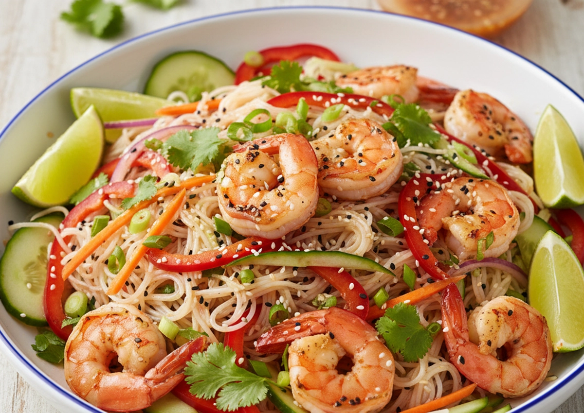 Bowl of shrimp noodle salad with cucumbers, red bell peppers, carrots, green onions, cilantro, lime wedges, and sprinkled sesame seeds.