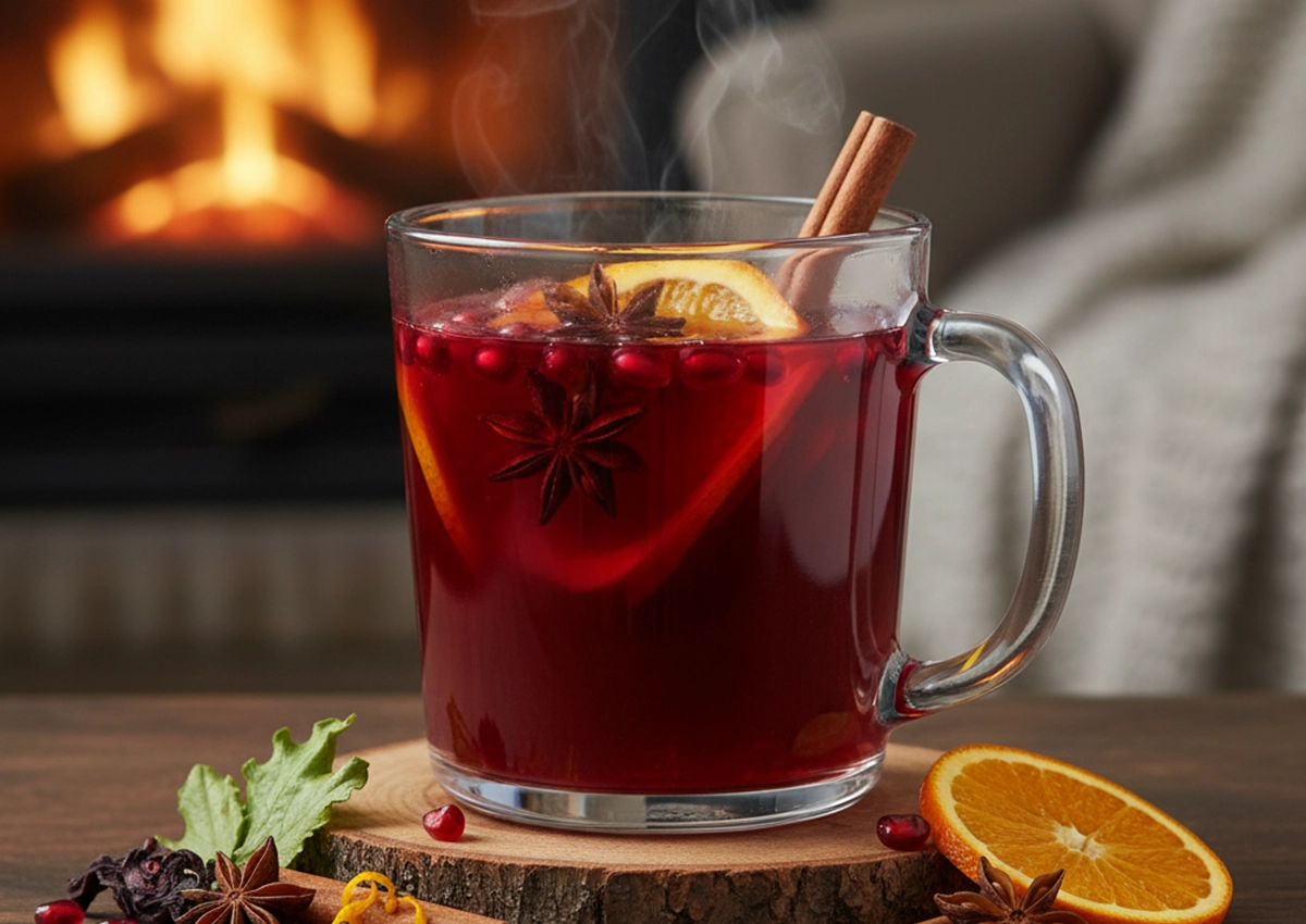 Glass mug of hot red fruit punch with orange slices, cinnamon stick, and star anise on a wooden coaster with a fireplace in the background.