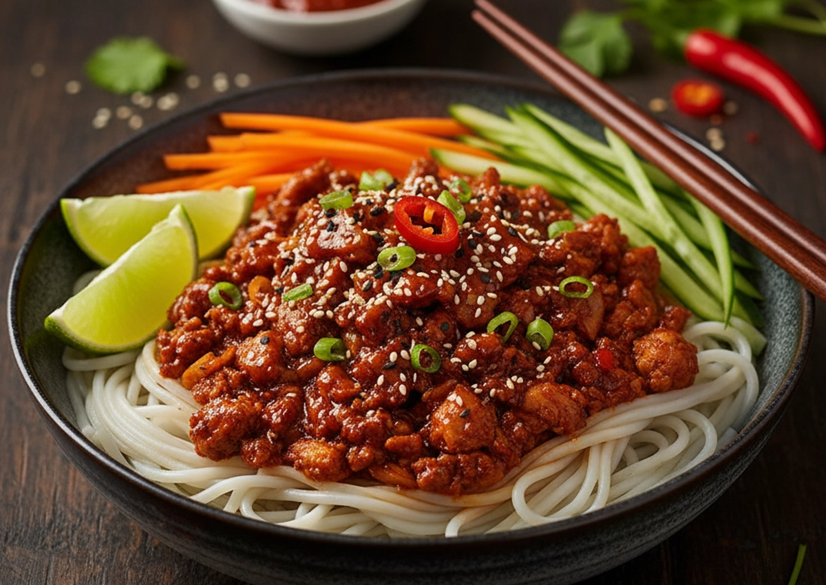Bowl of noodles topped with spicy minced meat sauce garnished with sesame seeds, green onions, sliced red chili, lime wedges, julienned carrots, and cucumber slices, with chopsticks resting on the bowl.