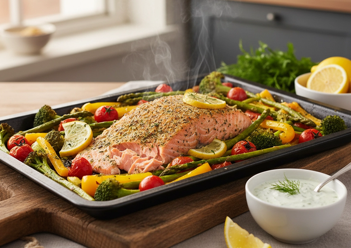 Tray of baked salmon garnished with lemon slices surrounded by roasted asparagus, cherry tomatoes, broccoli, and yellow bell peppers, with a bowl of creamy dill sauce nearby.