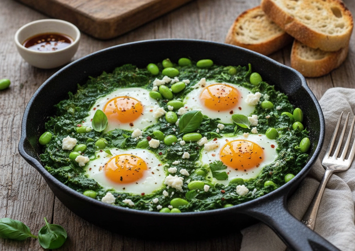 Cast iron skillet with four sunny-side-up eggs cooked in a bed of spinach and topped with green peas, herbs, and crumbled cheese, served with slices of bread and a small bowl of sauce.