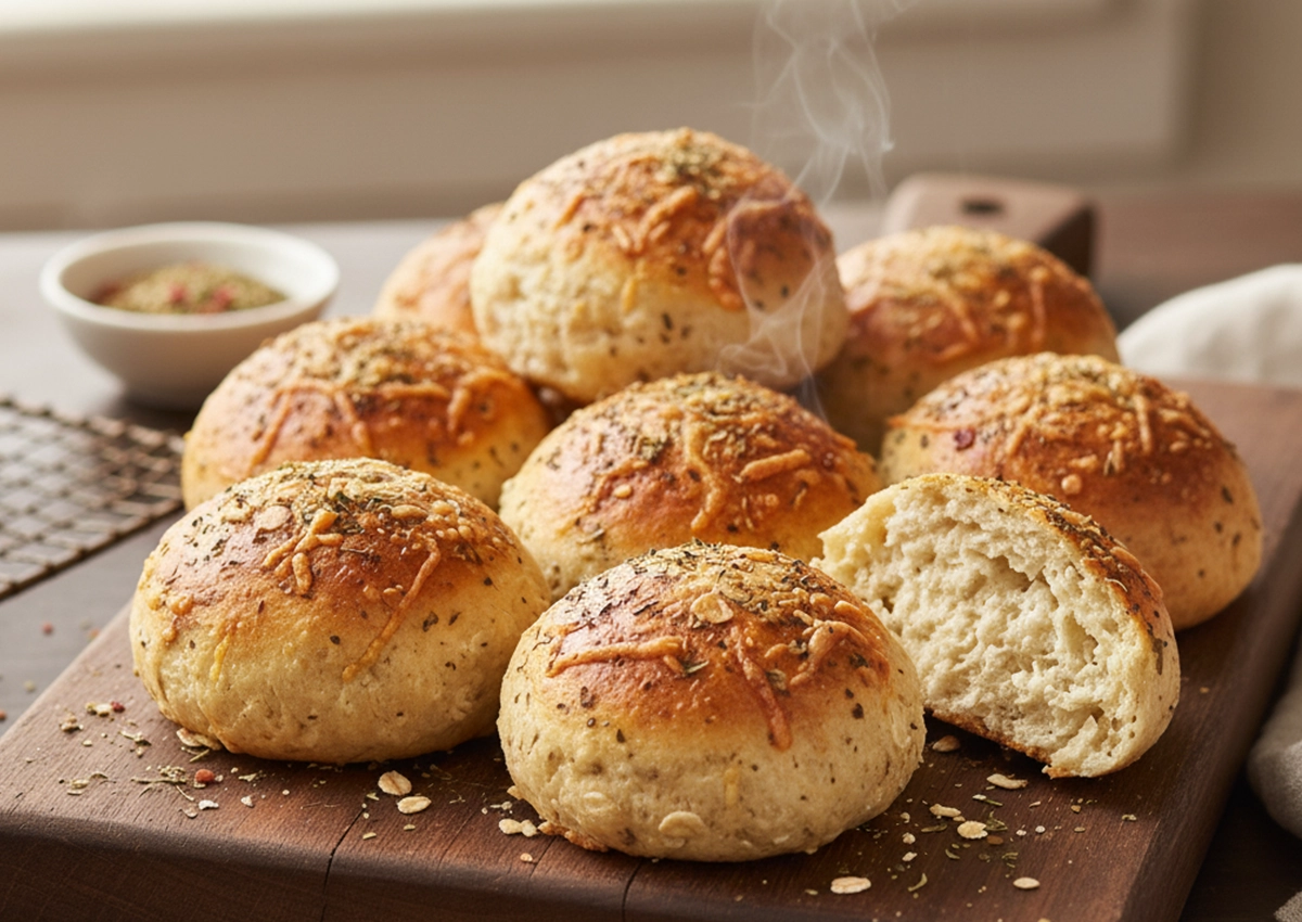 Freshly baked round cheese buns sprinkled with herbs on a wooden board, one bun is split open showing soft texture with steam rising.