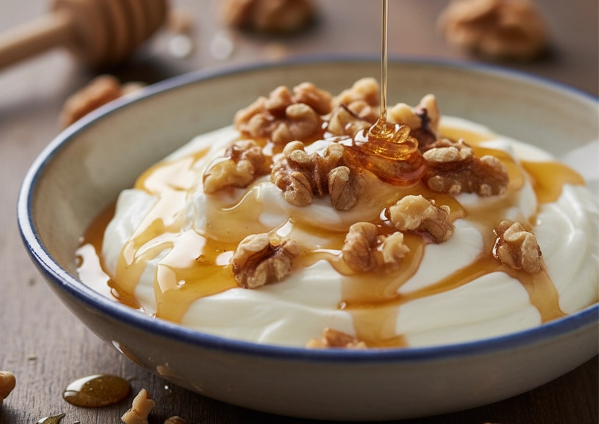 Bowl of Greek yogurt topped with walnuts and honey being drizzled.