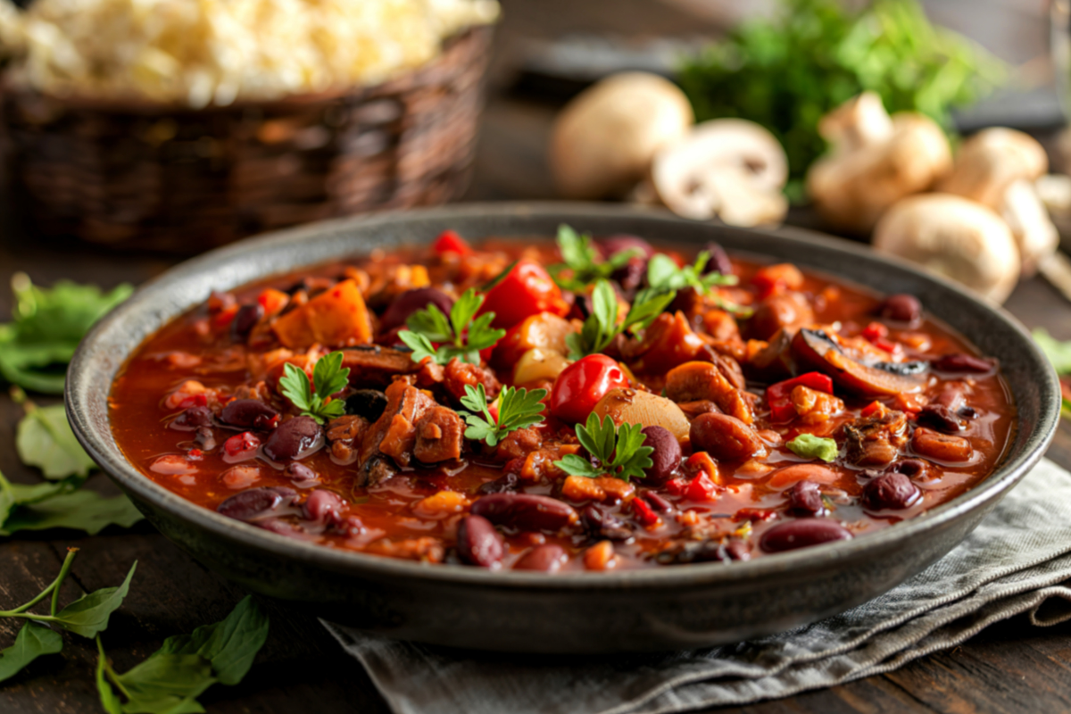 Eine herzhafte Schüssel Chili con Carne mit roten Bohnen, Pilzen, Tomaten und frischer Petersilie auf einem rustikalen Holztisch.