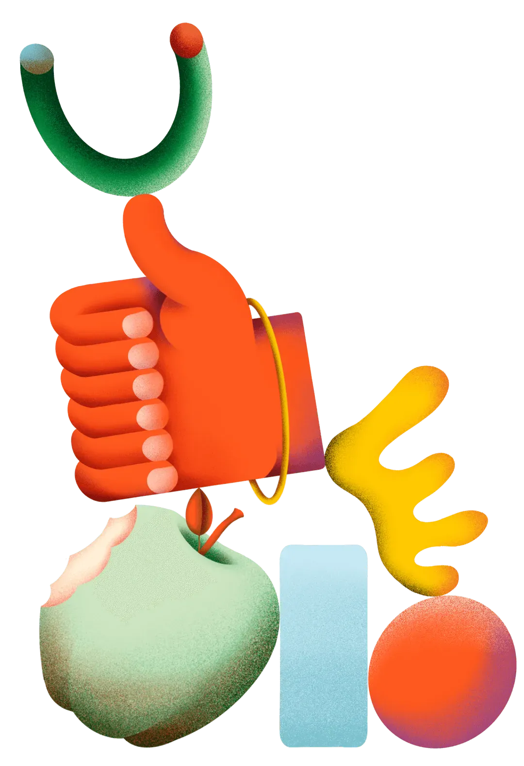 3D illustration of an orange thumbs-up hand holding a green stethoscope with a bitten green apple and abstract shapes nearby.