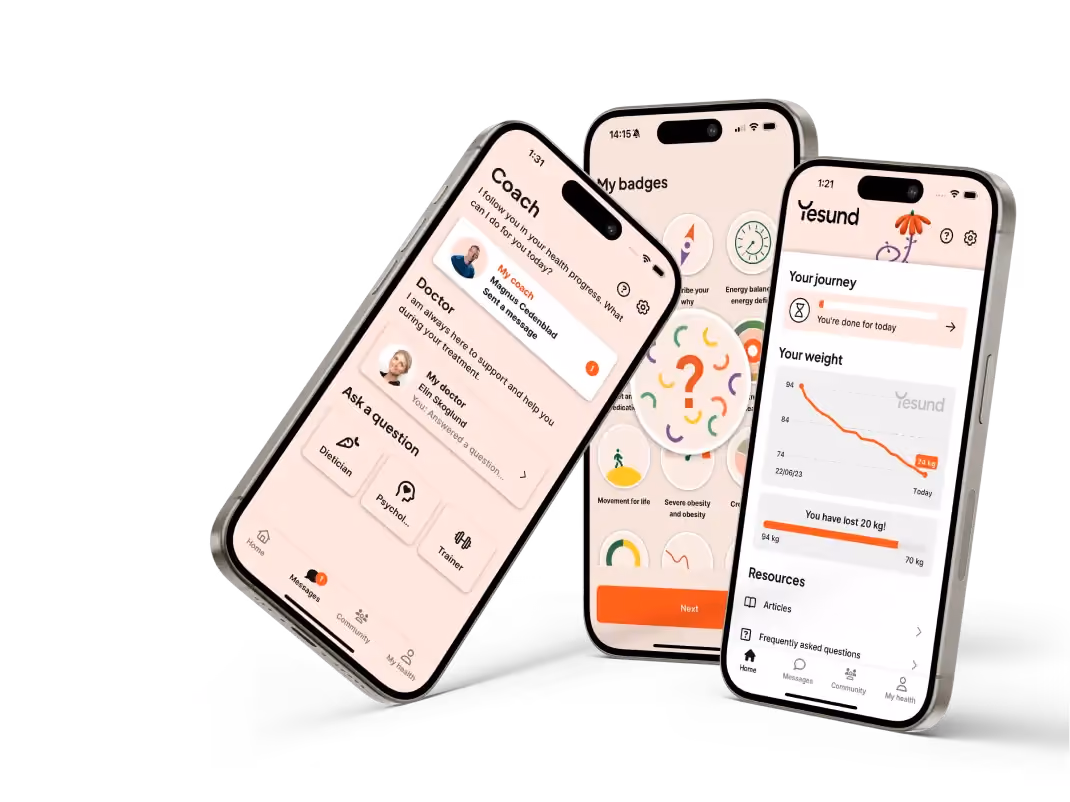 Three smartphones displaying a health app with sections for a coach chat, badges, and weight tracking.