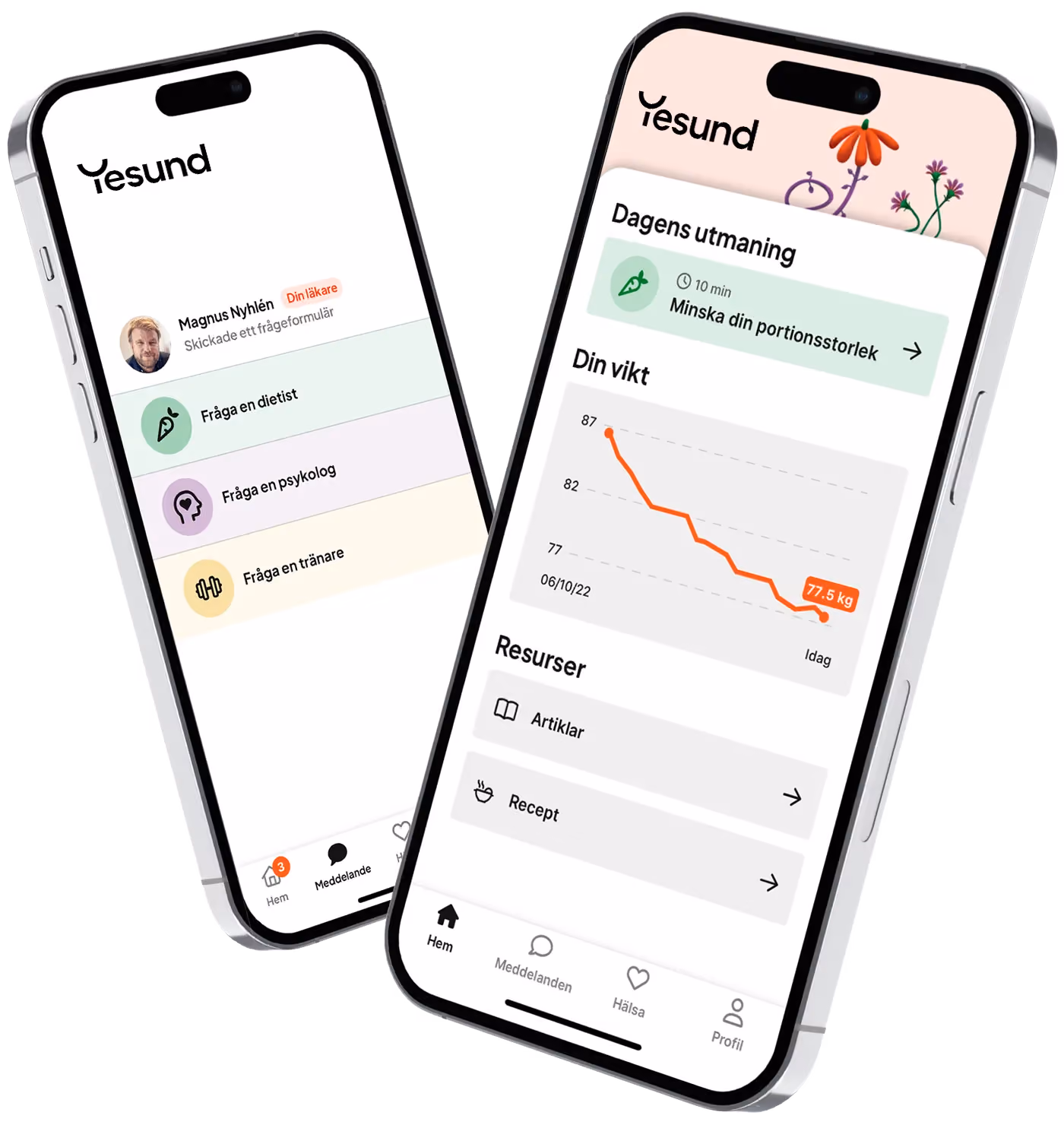 Picture of two mobile phones with the Yesund app interface on them