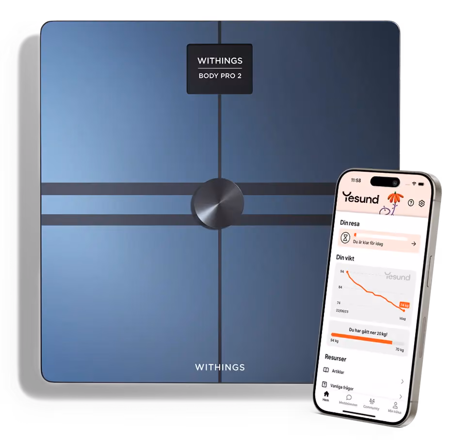 Withings Body Pro 2 smart scale with a smartphone displaying weight tracking app interface.