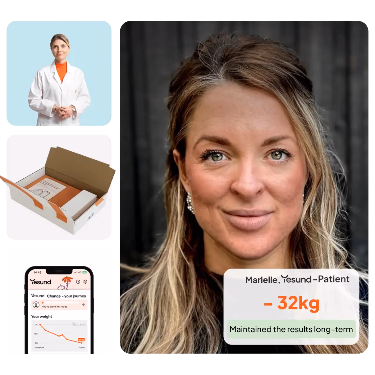 Portrait of a smiling woman with long hair, identified as Marielle, a Yesund patient who lost 32kg and maintained long-term results, alongside images of a female doctor, a delivery box, and a phone displaying a weight tracking app.