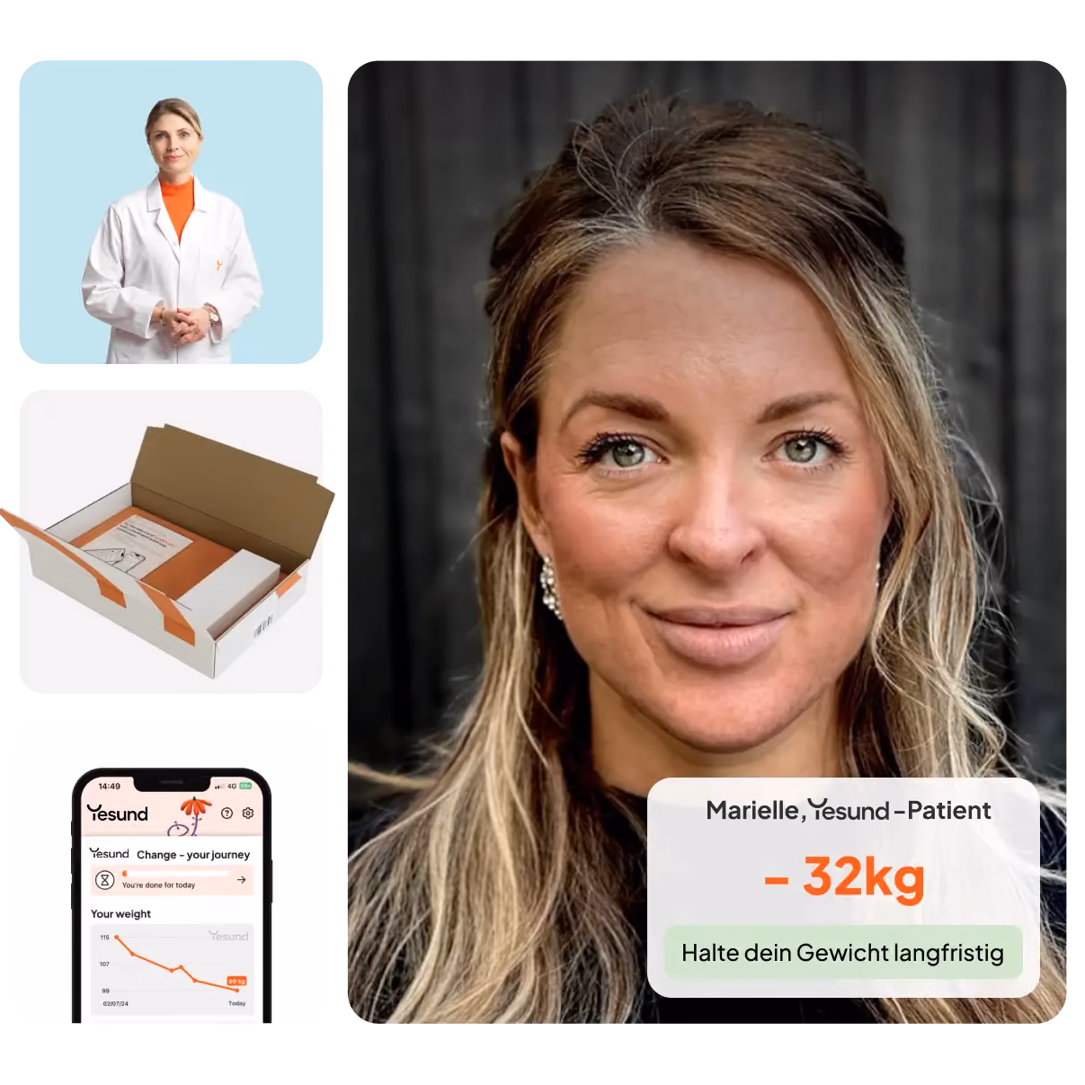 A woman with blonde hair smiling with a text overlay showing 32kg weight loss and three smaller images: a female doctor, a health kit box, and a phone screen with weight tracking app.