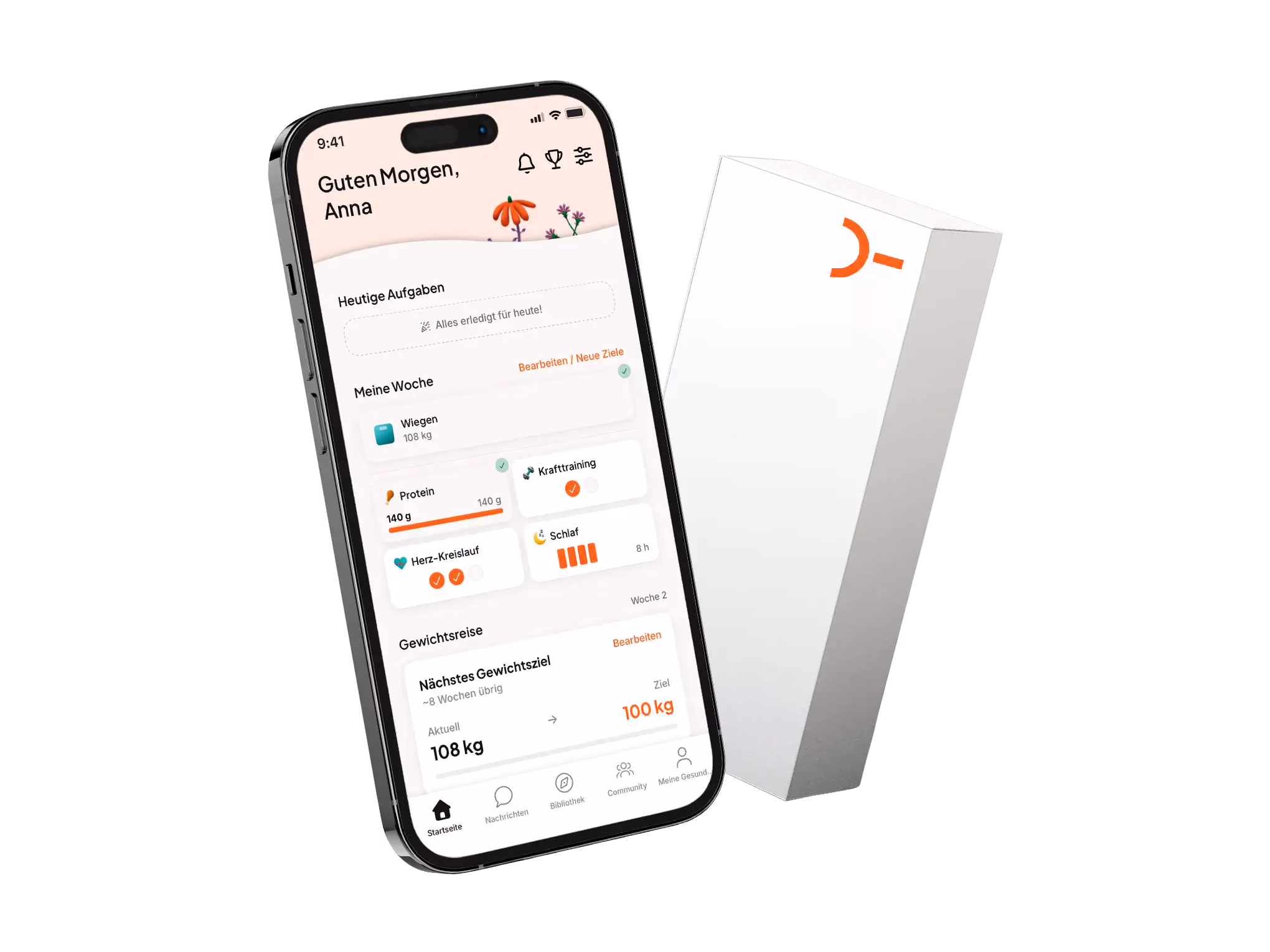 Smartphone displaying a health tracking app in German, showing weight, protein intake, training, heart circulation, sleep, and weight loss goals beside a white box with an orange YESUND logo.