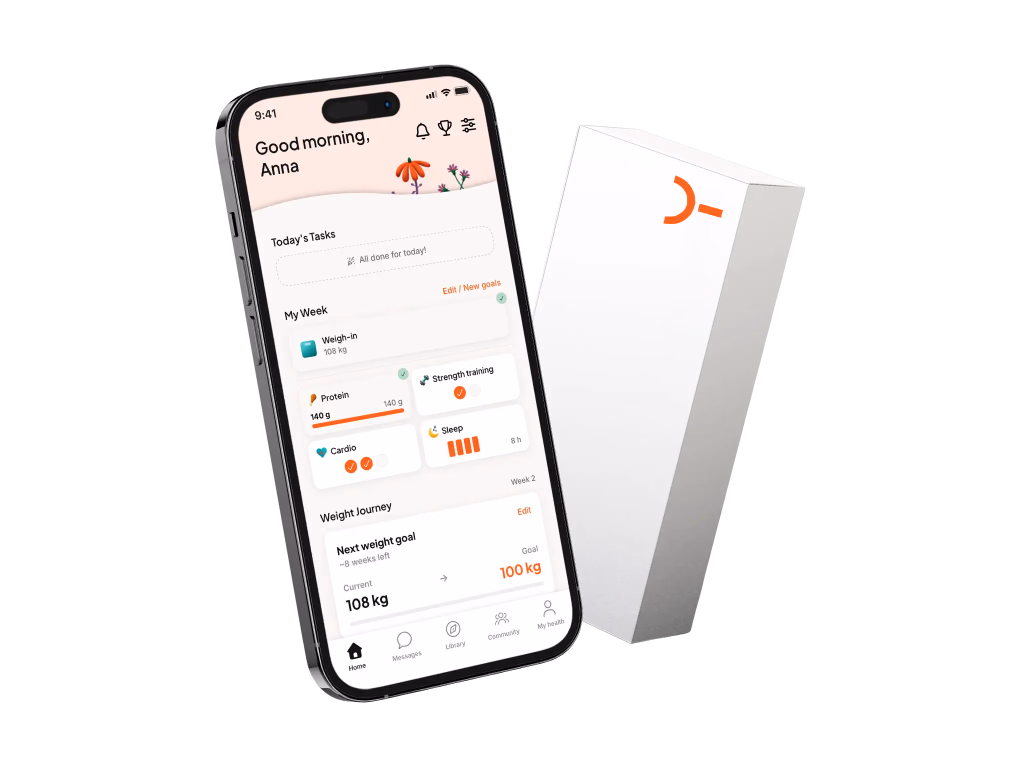 Smartphone displaying a health app dashboard with daily tasks, weekly goals, and weight journey, next to a white box with orange Yesund branding.