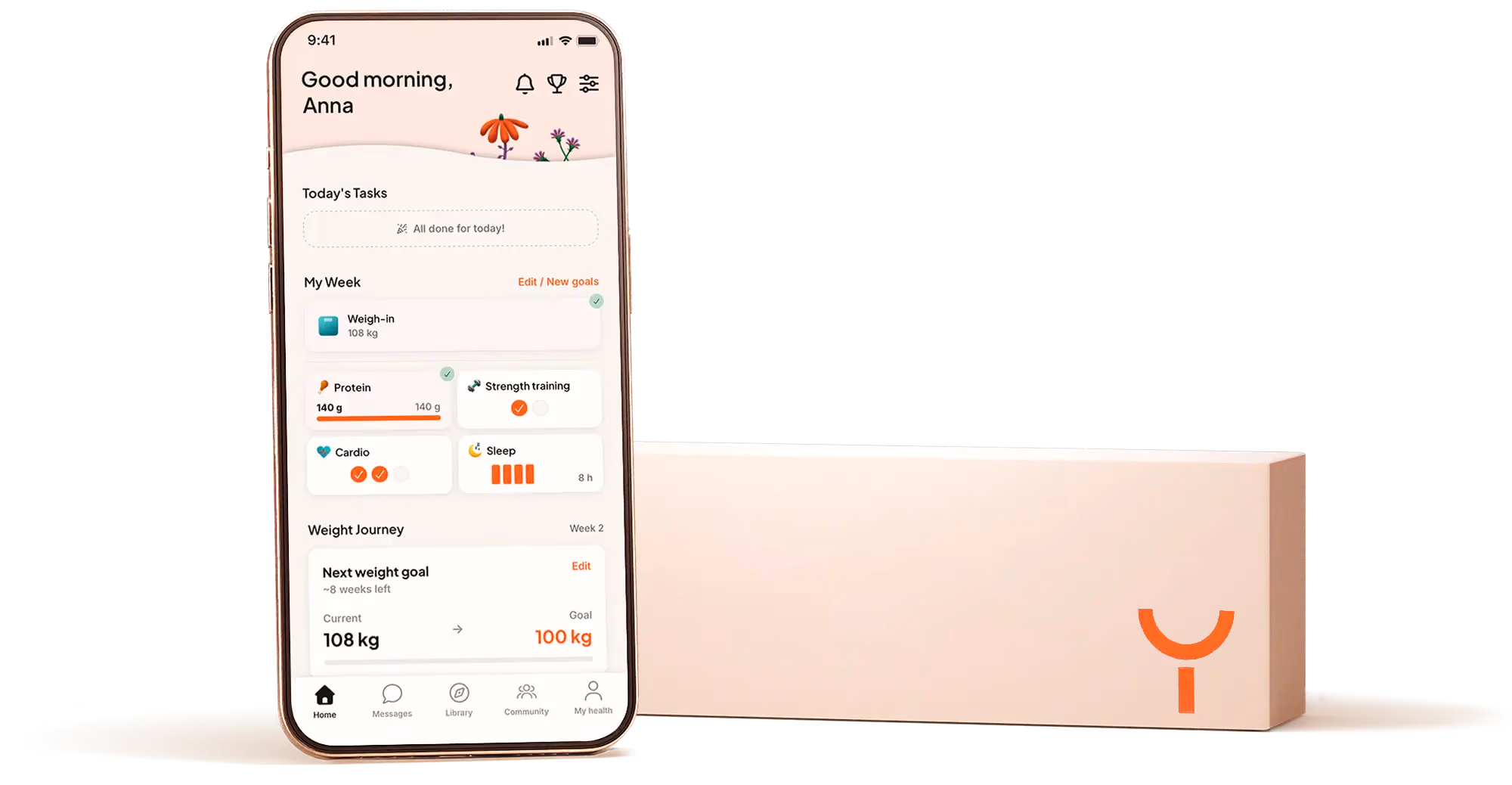 Smartphone displaying a health tracking app with weight, protein intake, strength training, cardio, sleep, and weight goal progress next to a box with Yesund branding.