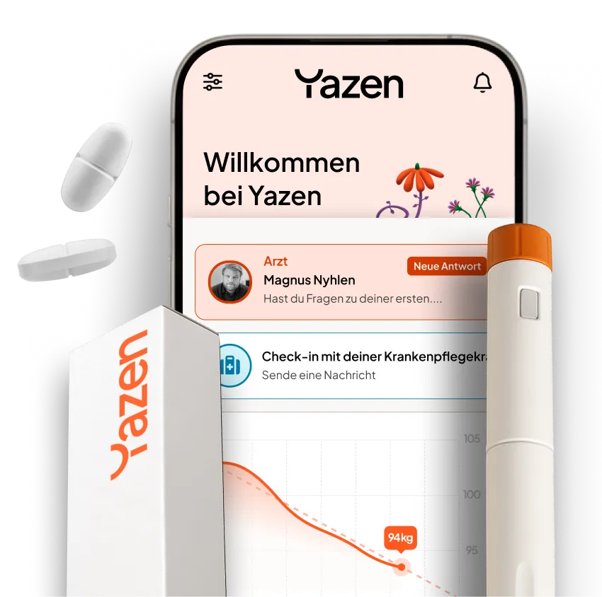Smartphone screen showing Yesund app with welcome message, a chat from Dr Magnus Nyhlen, and weight tracking graph near a Yesund branded box, white pill, and an orange-capped device.