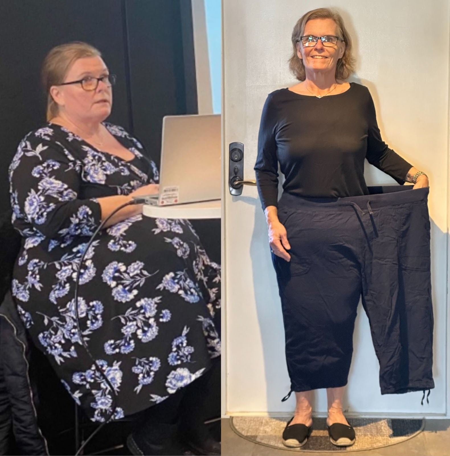 Side-by-side photos of a woman before and after weight loss, holding loose pants in after photo.