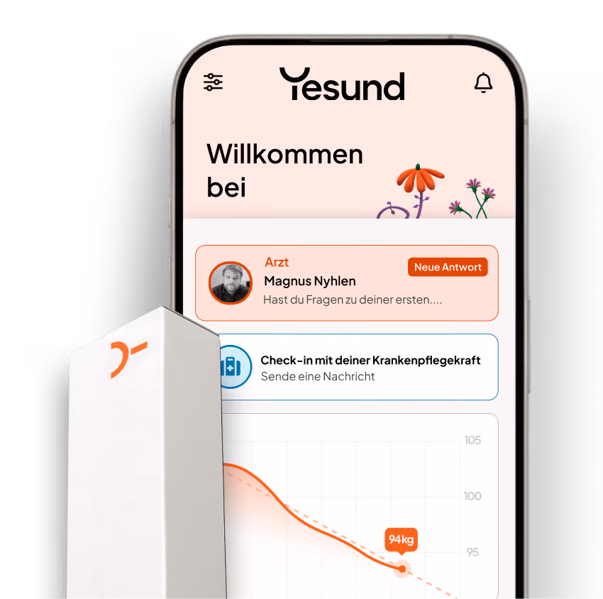 Smartphone showing Yesund app with a welcome message, doctor chat, nurse check-in, and weight progress graph.