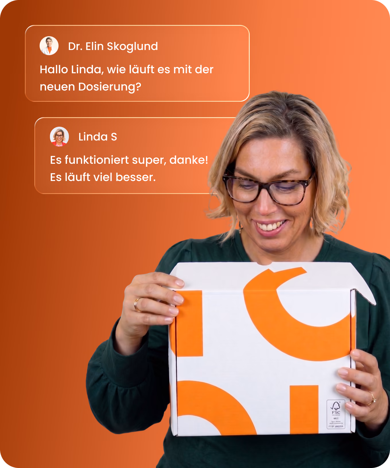 A smiling woman with blonde hair and glasses holds an open white box with orange design and text PP Sverige against an orange background, alongside German text messages discussing medication dosage and improvement.